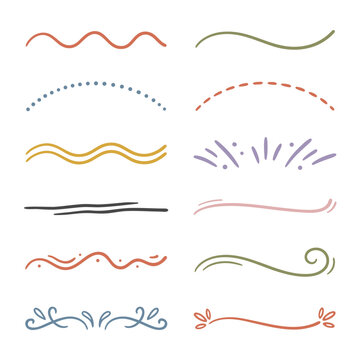 Hand drawn line dividers and underline set featuring wave lines, dotted swooshes, and flourish borders isolated on white background for text decor.