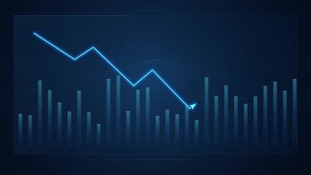 Business graph animation showing financial market decline with blue glowing arrow on grid background.