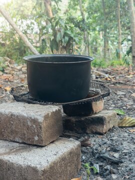 Traditional outdoor brick stove for village cooking.