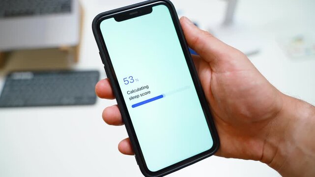 Hand holding smartphone with sleep app calculating sleep score and showing not enough data error