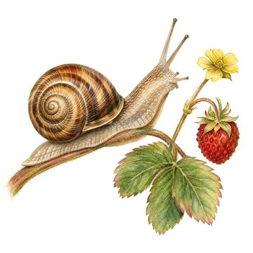 Garden Snail With Brown Banded Shell on Wild Strawberry Stem