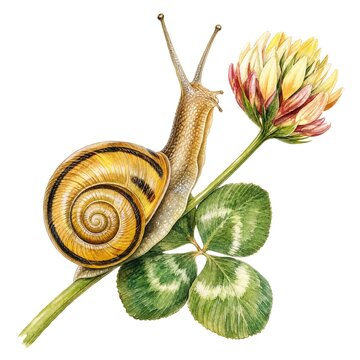 Yellow Grove Snail With Dark Bands on Clover Stem and Flower