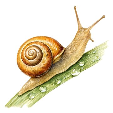 Amber Snail Climbing a Dewy Blade of Grass Watercolor Study