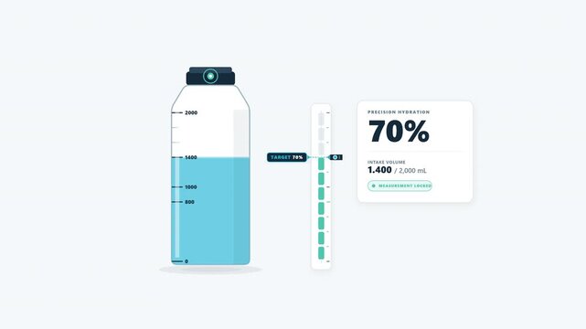 A smart hydration bottle animation with a sensor-driven measurement pointer, synchronized intake counter, and dynamic ten-segment progress scale for health technology and wellness applications.