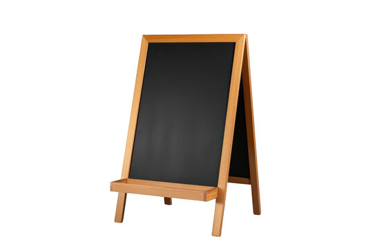 Contemporary blank chalkboard on wooden easel on transparent background front view