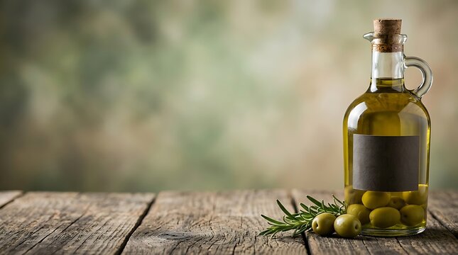 Bottle of extra virgin olive oil with fresh green olives and rosemary on rustic wooden table