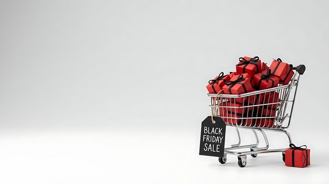 3d render of shopping cart full of red gift boxes for black friday sale concept on white background