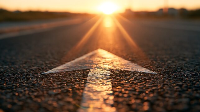 An arrow painted on asphalt road pointing toward the sun at sunrise. Conceptual image for future goals, progress, and success isolated on transparent background.