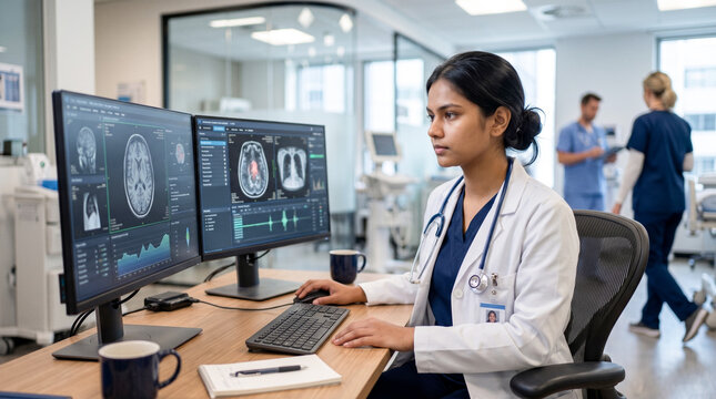 Female Doctor Analyzing Brain MRI Scans on Computer in Modern Hospital