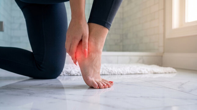 Woman holding foot arch with red pain highlight on bathroom floor
