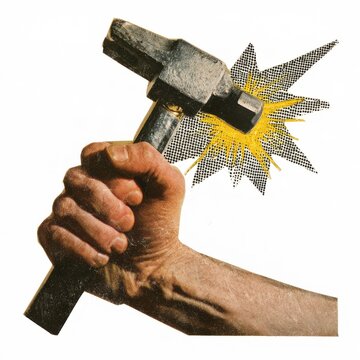 A hand using a hammer to build something, vintage paper cutout collage, halftone dot pattern, retro craftsmanship zine aesthetic, distressed paper textures, thick cutout border, yellow impact sparks