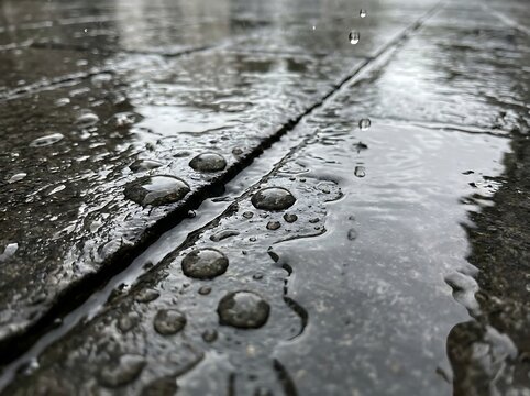 Close-up of rain droplets splashing on wet stone pavement during a rainy day, showing reflections and puddles on the ground texture