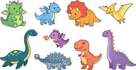 Cute Cartoon Dinosaur and Dragon Vector Character Set Featuring Friendly Mythical Monsters and Prehistoric Creatures © Lipon