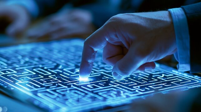 Business person touches glowing digital maze interface isolated on transparent background. Conceptual visual for solving complex technical problems and finding business solutions.