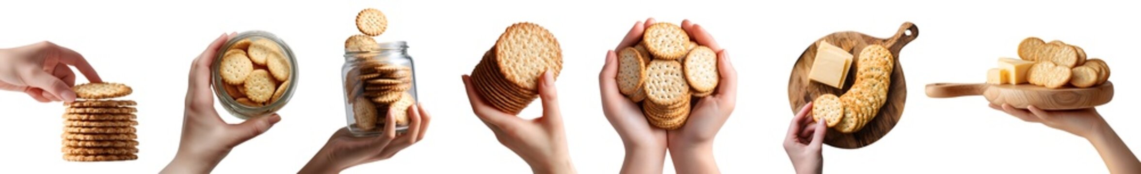 Set of hand holding baked round circle crackers biscuit, flat crispy thin snack staple food, glass jar container, serving wooden board with cheese, pile group stack, transparent cutout PNG Mockup