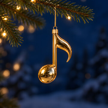 Golden musical note Christmas ornament hangs from a fir branch