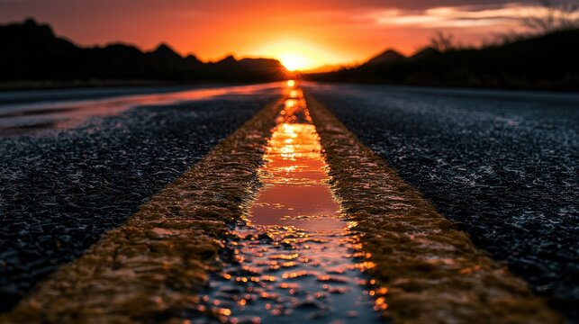 A road leads toward a rising sun , creating reflective light on the wet asphalt and a calm coastal mood. Perfect for travel, inspiration, and background use.