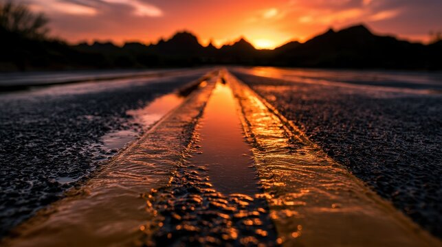 A road leads toward a rising sun , creating reflective light on the wet asphalt and a calm coastal mood. Perfect for travel, inspiration, and background use.