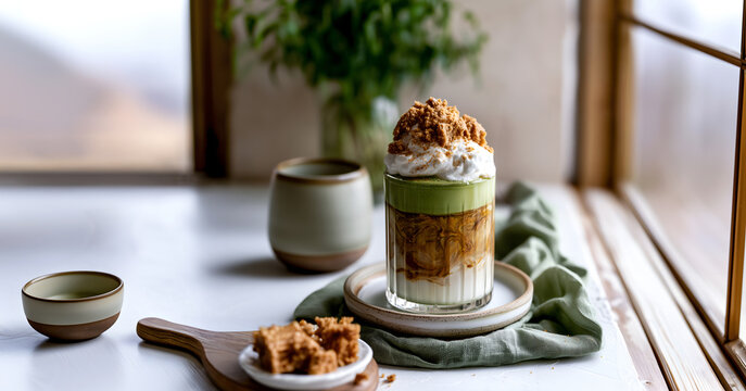 Creative food template, Caramel spiced biscoff crumbles biscuit on iced matcha latte with cold foam cloud cream swirls on earth homely window side, linen and ceramic, copy text space. Long banner