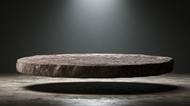 perfectly round rough sandstone rock slab levitating, minimalist dark gray studio, soft diffused cone of light from directly overhead.