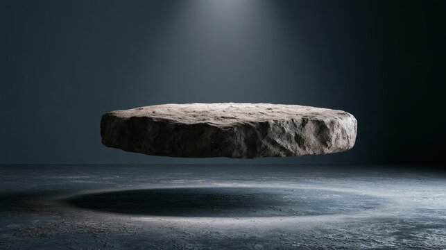 perfectly round rough sandstone rock slab levitating, minimalist dark gray studio, soft diffused cone of light from directly overhead.