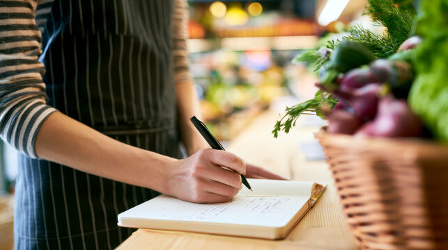 a person choosing healthy food options and preparing a grocery list.