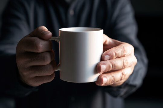 Man Holding white Coffee Mug for mockup .