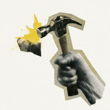 A hand using a hammer to build something, vintage paper cutout collage, halftone dot pattern, retro craftsmanship zine aesthetic, distressed paper textures, thick cutout border, yellow impact sparks