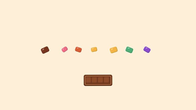 Minimalist vector illustration of a chocolate bar with colorful small candy pieces floating above.