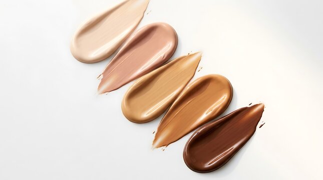 Five different shades of liquid foundation makeup swatches on a surface. skintone palette 