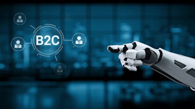 Futuristic image featuring a robotic hand reaching toward a digital network of business-to-consumer connections, illustrating technology role in modern marketing and interaction. Synapse