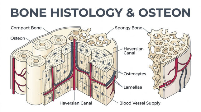 Compact bone structure and osteon haversian system vector diagram. Orthopedic medical histology infographic with osteocytes, lamellae, and blood vessels
