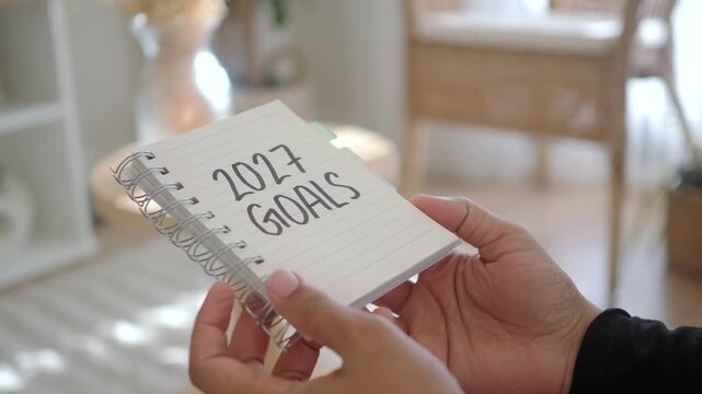 Setting goals for 2027 in a notebook while sitting at home