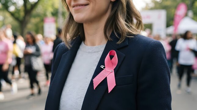 Close up of a woman in a navy blazer wearing a pink ribbon, the universal symbol for breast cancer awareness, pinned to her lapel during a charity walk or health campaign event outdoors.