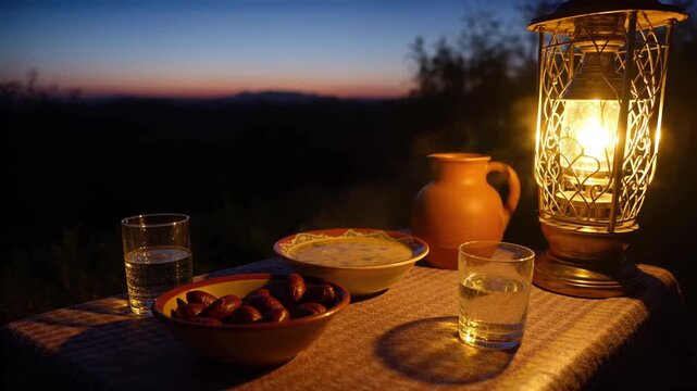 Iftar table at dusk with dates, water and soup lit by a glowing lantern as the sky turns from sunset to night