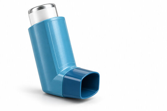 AI-generated realistic 3D render of inhaler blue asthma isolated on a clean white background with soft shadow for healthcare design.
