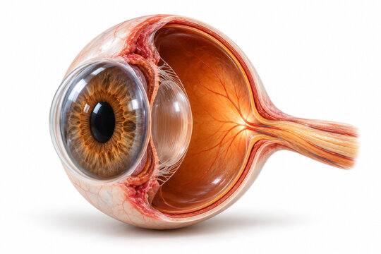AI-generated realistic 3D render of eye anatomy eyeball isolated on a clean white background with soft shadow for healthcare design.