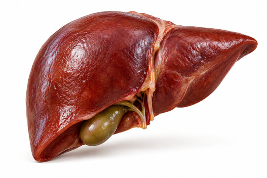 AI-generated realistic 3D render of liver organ isolated on a clean white background with soft shadow for healthcare design.