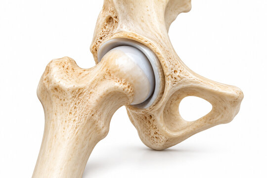 AI-generated realistic 3D render of hip joint bone isolated on a clean white background with soft shadow for healthcare design.