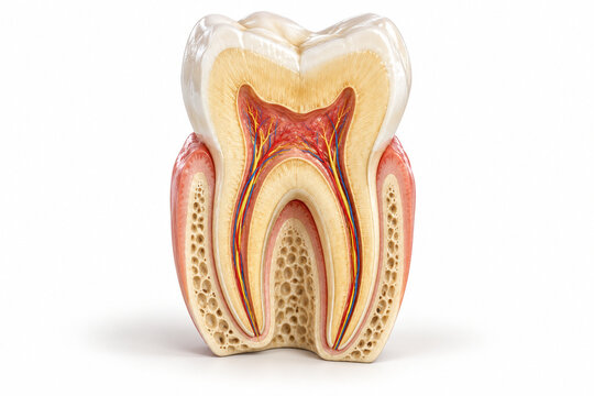 AI-generated realistic 3D render of tooth anatomy cross section isolated on a clean white background with soft shadow for healthcare design.