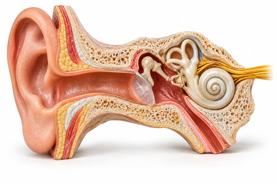 AI-generated realistic 3D render of ear anatomy cross section isolated on a clean white background with soft shadow for healthcare design.