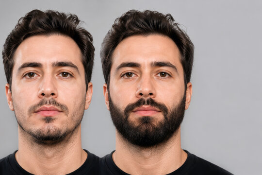 A male face appears before and after beard transplantation with fuller cheeks and stronger facial hair coverage. Customized graft placement for beard restoration