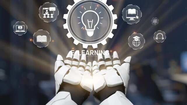 Robotic hands illustrate the modern concept of e-learning, surrounded by digital symbols representing innovation and advancement in education technology and online learning experiences. Salient