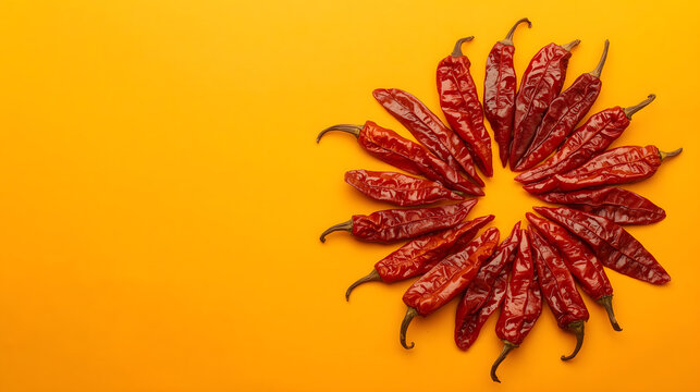 Sunburst of Dried Chilies: A vibrant arrangement of dried red chilies forms a sunburst pattern on a warm orange background, adding a touch of spice and color.