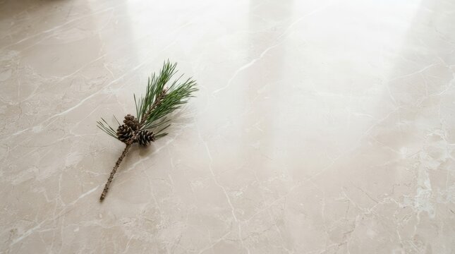 Single pine branch with needles and cones resting on light marble floor with light colored marble surface green needles brown cones lies smooth small pine naturalistic unprocessed decoration