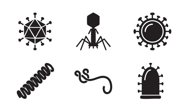 Set of black silhouette icons representing various types of viruses and bacteria.