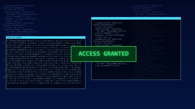 Computer code scrolling inside multiple terminal windows on dark blue background with access granted message