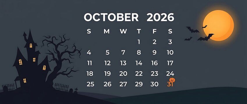 October 2026 calendar page with spooky haunted house and full moon halloween