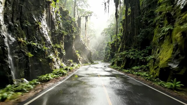 The Image Shows A Long Narrow Road Winding Through A Lush Green Forest The