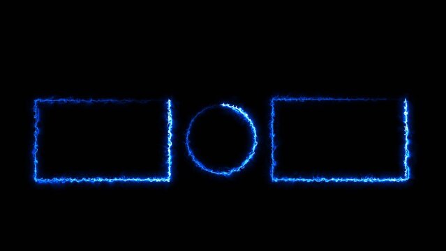 Blue neon glowing geometric shapes forming rectangles and a circle on dark background